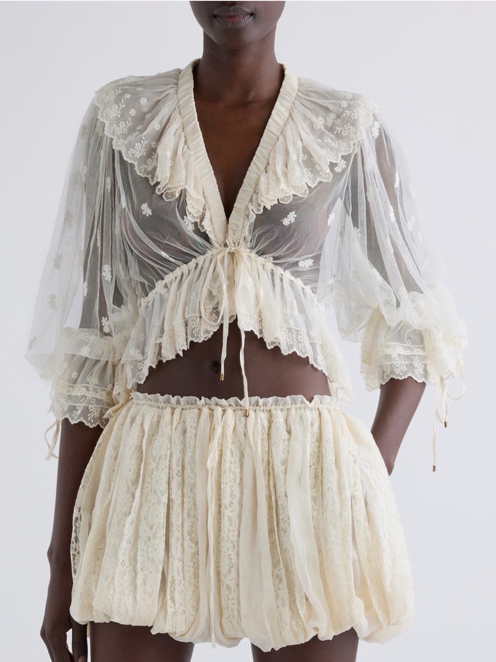 Chloe Sheer Lace Tie-Front Blouse in Ivory